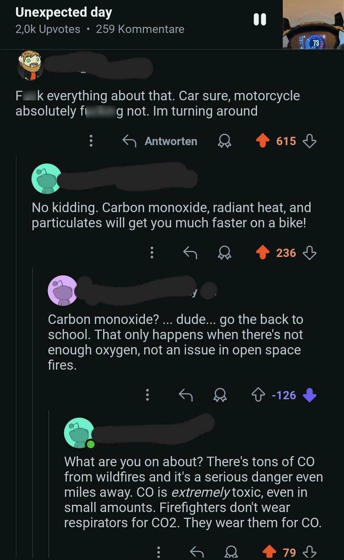Reddit thread showing confident but incorrect arguments about carbon monoxide dangers near wildfires, illustrating embarrassing wrongness.