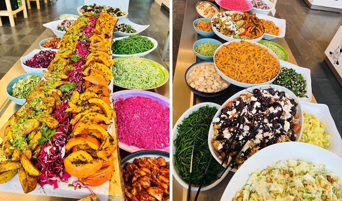 Various colorful dishes arranged on a table showcasing vibrant Danish prison cell food presentation and variety.