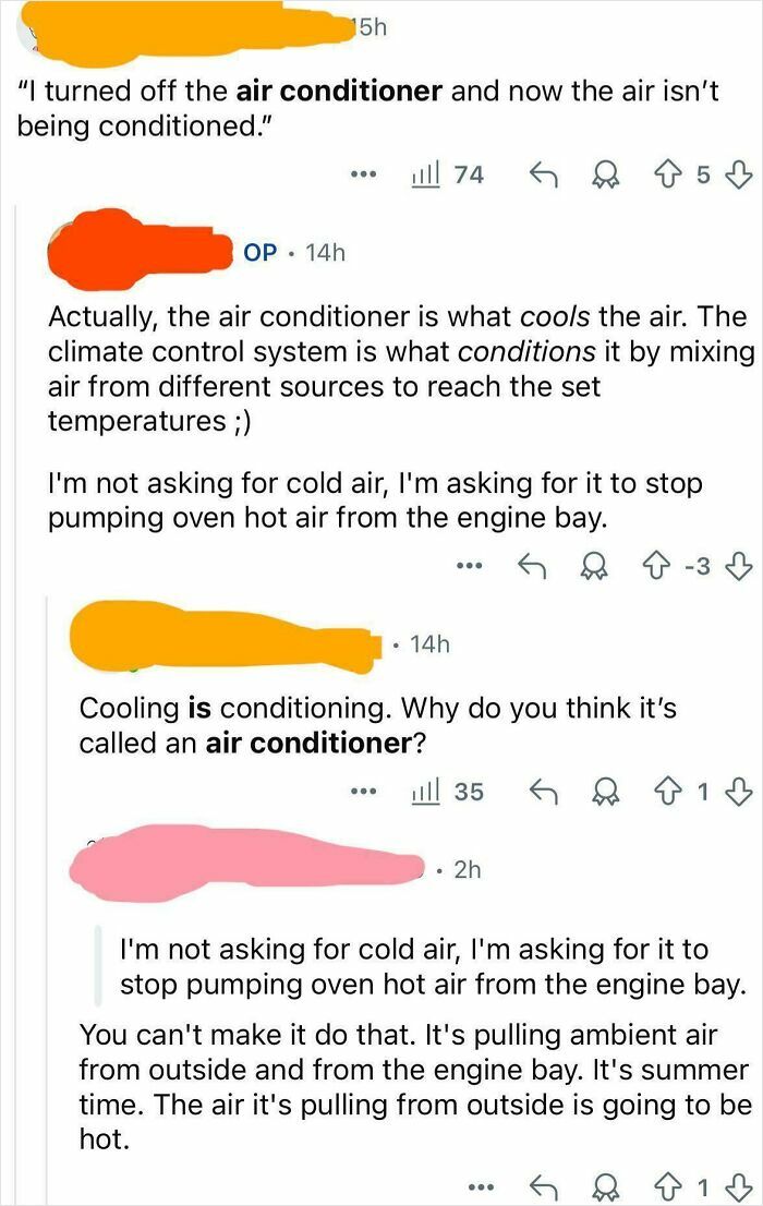 Social media discussion showing confident yet embarrassingly wrong comments about how an air conditioner works.