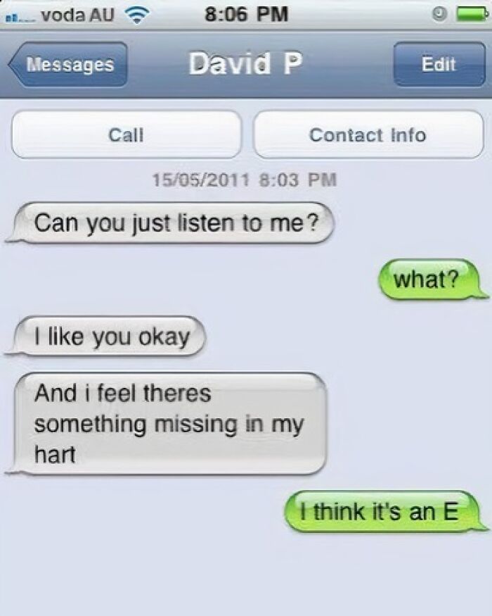 Text message conversation showing a dating meme about feeling something missing in the heart with a humorous reply.