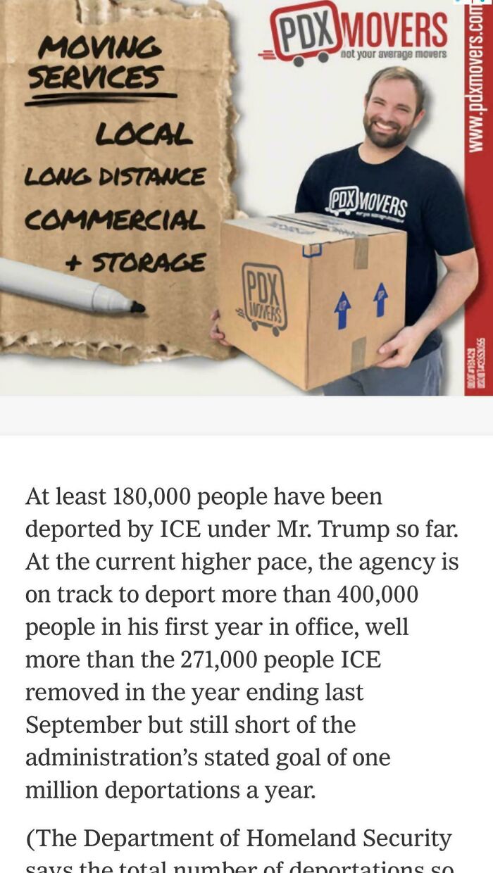 Smiling mover holding a box with logo, cardboard sign listing local, long distance, commercial moving services in advertising placement fail.