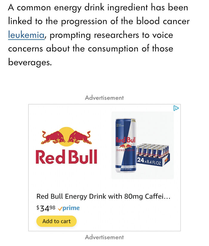 Red Bull energy drink ad placement shown below article about energy drink ingredient risks, highlighting advertising placement fails.