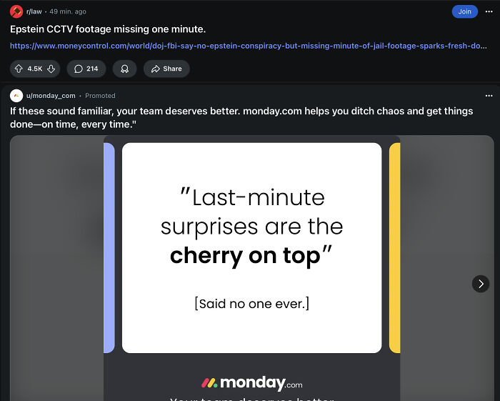 Advertisement placement fail featuring a humorous quote about last-minute surprises and team productivity tools.