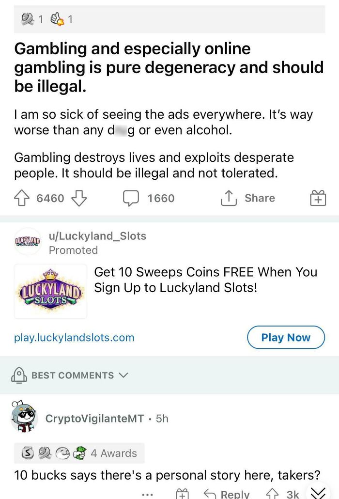 Screenshot of a Reddit post criticizing gambling ads with a promoted Luckyland Slots advertisement below.