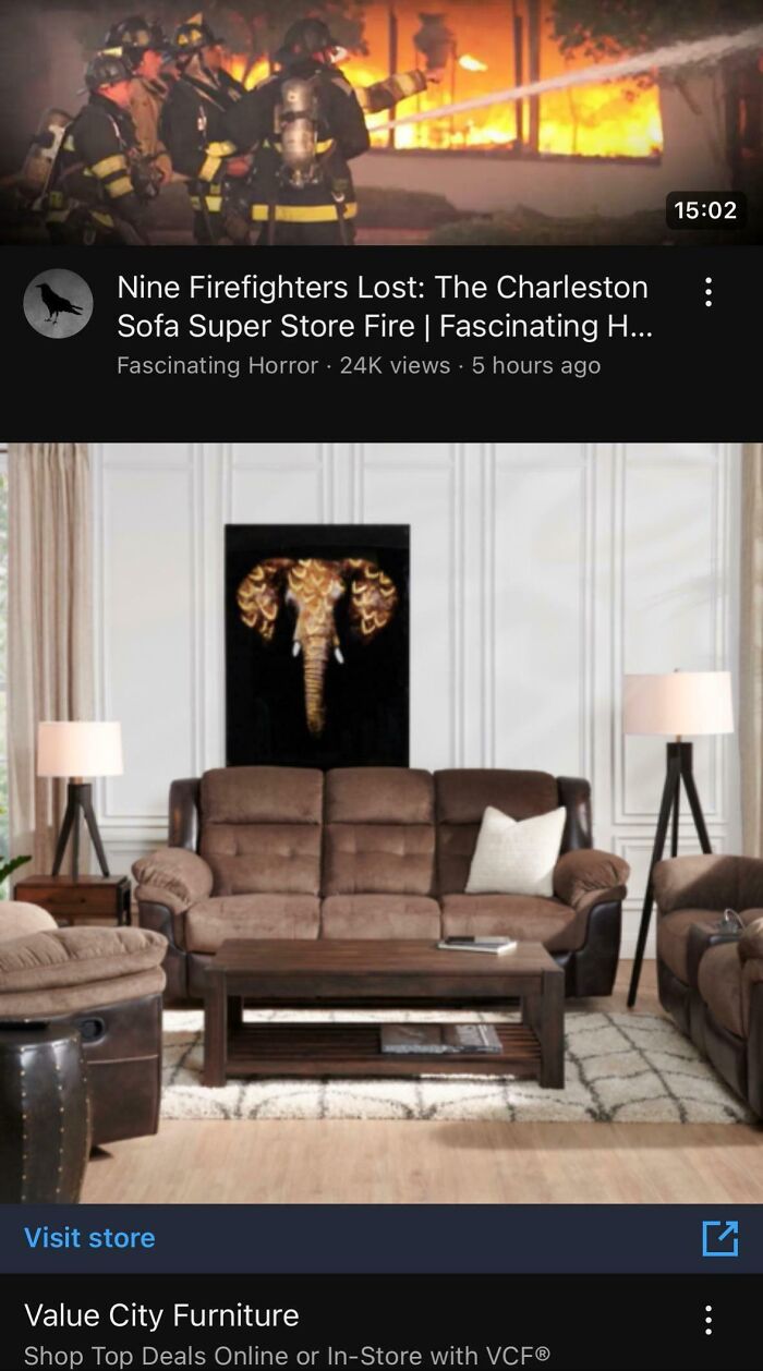 Living room furniture with an elephant painting, an example of advertising placement fails that made people laugh instead of buy.