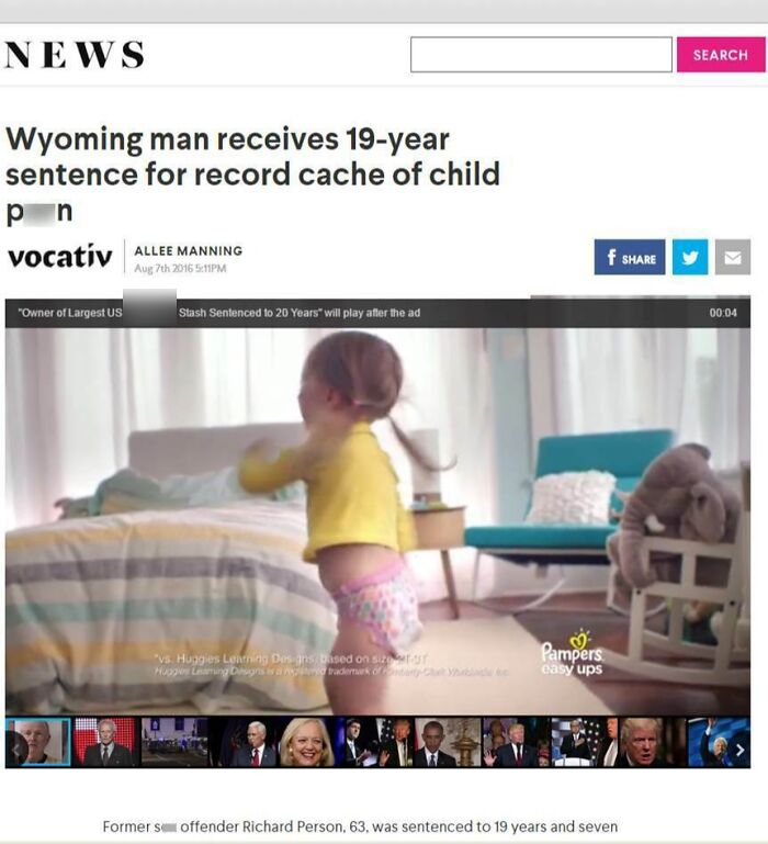 News article showing a controversial advertising placement fail involving a child product and serious crime headlines.