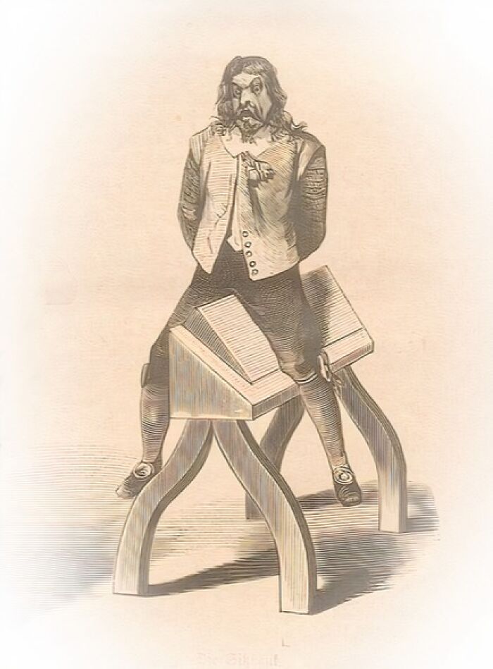 Illustration of a man bound to a medieval t*****e device used for shocking t*****e methods and devices in history.