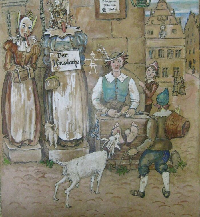 Medieval t*****e method showing a man restrained with a goat biting his feet, surrounded by period-dressed onlookers and buildings.