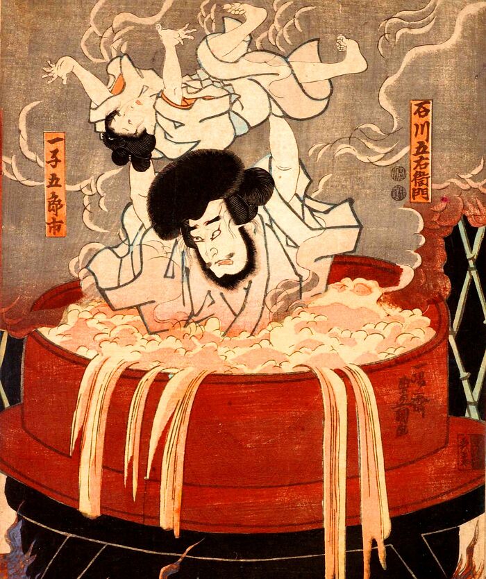 Illustration of medieval t*****e methods showing a man and child being immersed in a steaming boiling cauldron.