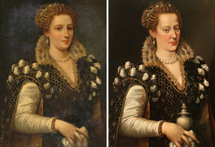 Before-and-after photos of a restored historical painting showing enhanced colors and details of a noblewoman's portrait.