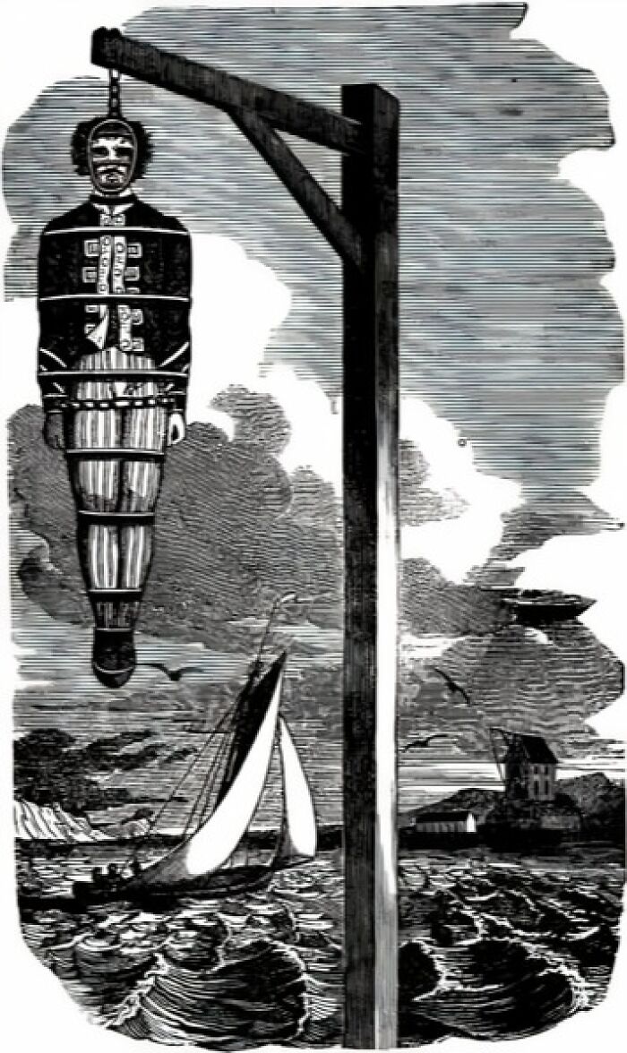 Medieval t*****e device hanging a bound victim over water with a ship and stormy sky in the background.