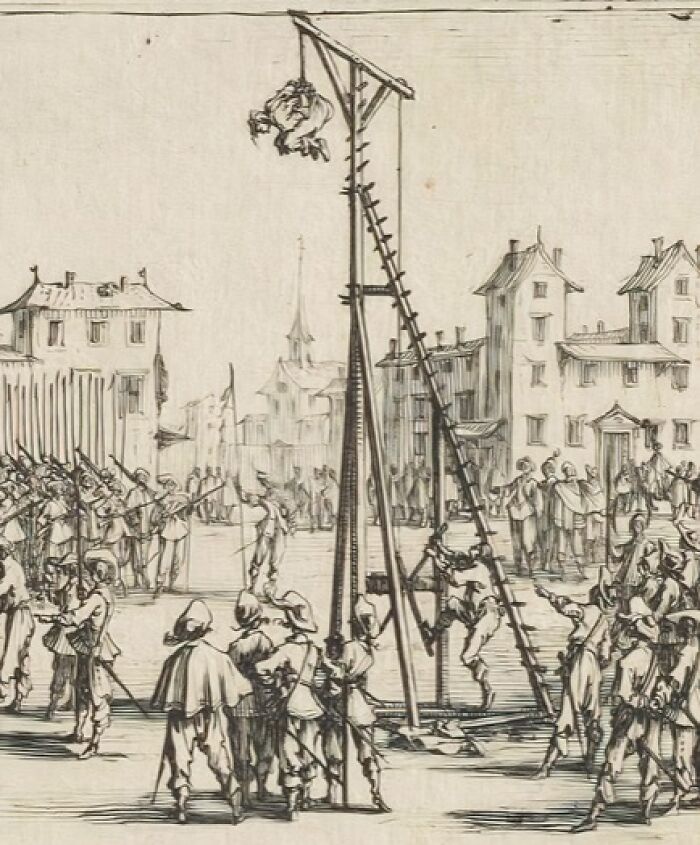 Black and white sketch depicting a medieval public e*******n using t*****e methods and devices in a town square.