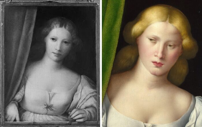 Side-by-side before and after photos showing restored historical paintings revealing vibrant colors and fine details.
