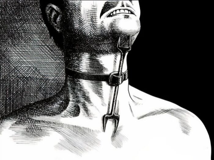 Medieval t*****e device showing a sharp metal collar attached to a man’s neck, illustrating shocking t*****e methods.