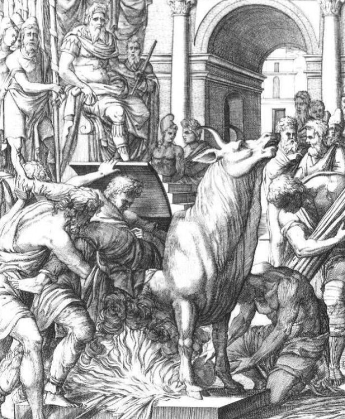 Black and white medieval engraving showing t*****e methods and devices, including a person with a bull over fire in a public setting.