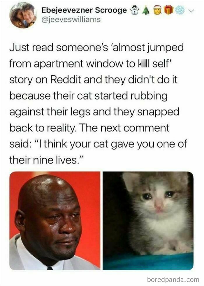 Heartwarming post about a cat saving a person from s*******m, featuring emotional images of crying man and kitten.