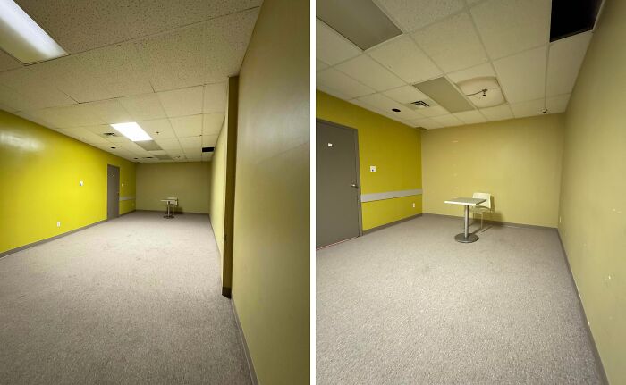 Dreary break room with fluorescent lighting and minimal furniture, resembling one of the worst break rooms ever.