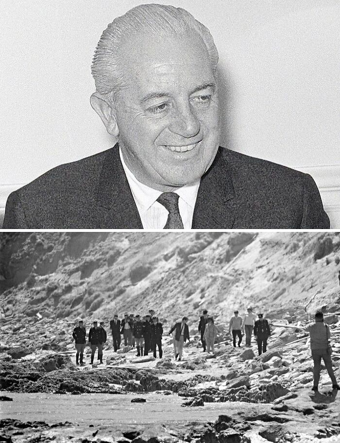 Black and white images showing a smiling man in a suit and a group searching rocky shore, related to vanished celebrities.