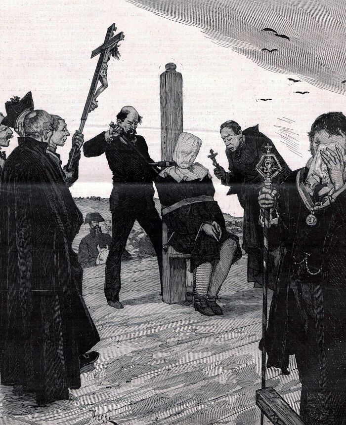 Medieval t*****e methods depicted with a hooded prisoner bound to a post surrounded by executioners and clergy.