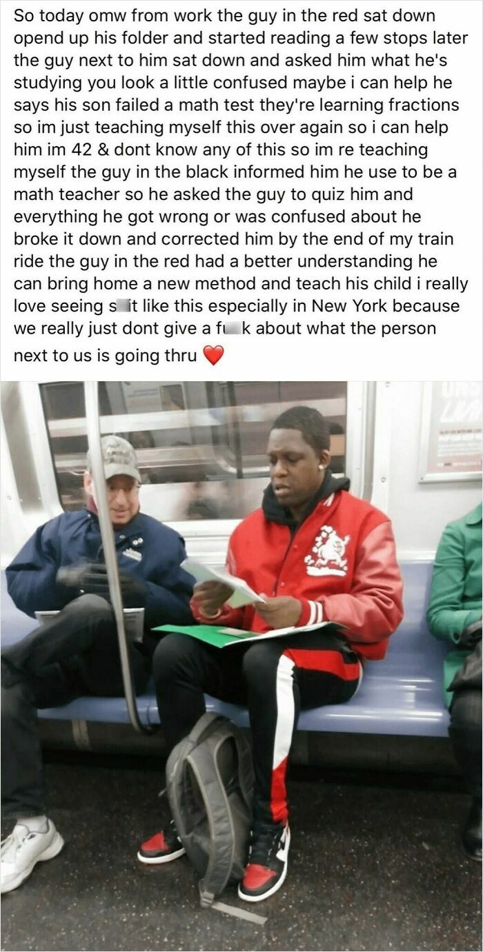Two men on a subway, one teaching the other math fractions, showing a wholesome moment of kindness and learning.