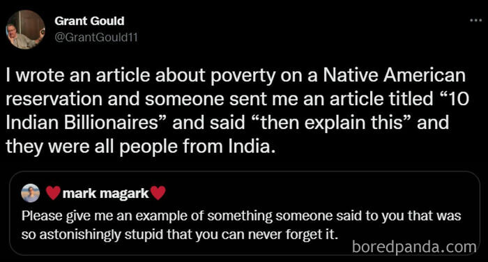 Screenshot of a tweet showing a confident but embarrassingly wrong misunderstanding about Native American poverty and Indian billionaires.