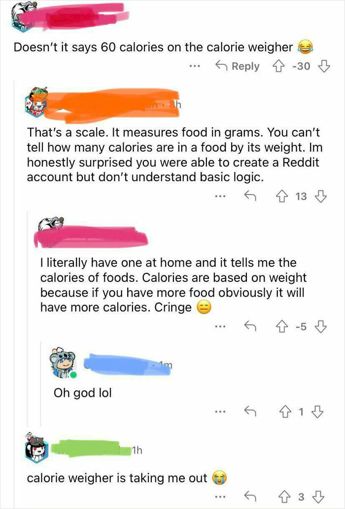 Reddit users debate calorie measurement confusion, showing people being way too confident but embarrassingly wrong in their logic.