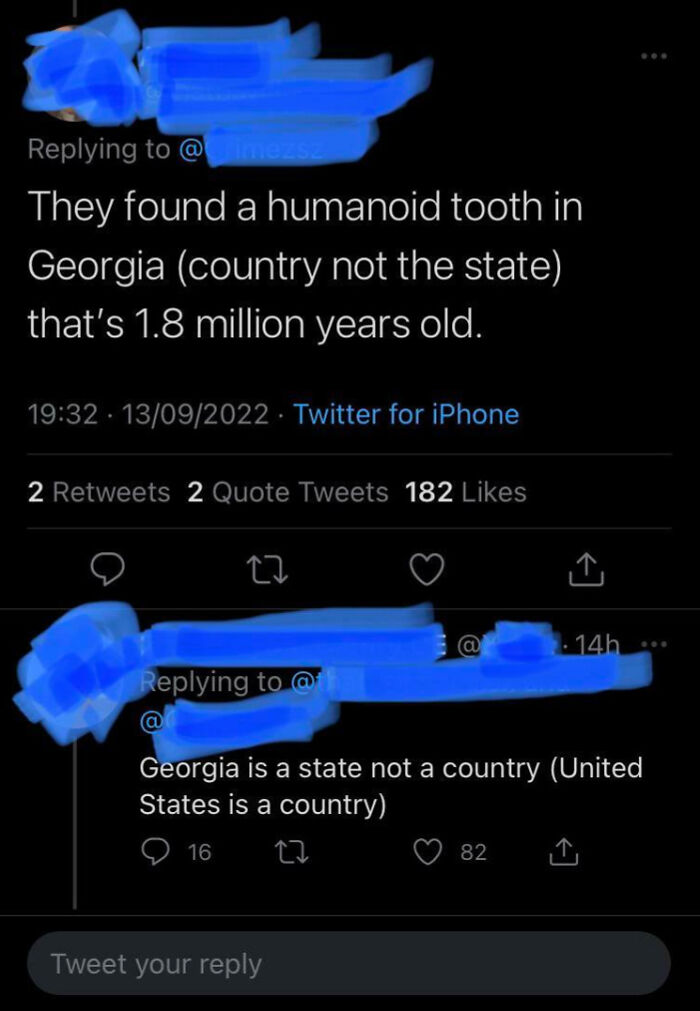 Twitter exchange where someone confidently mistakes Georgia the country for a U.S. state, showing embarrassing wrong facts.