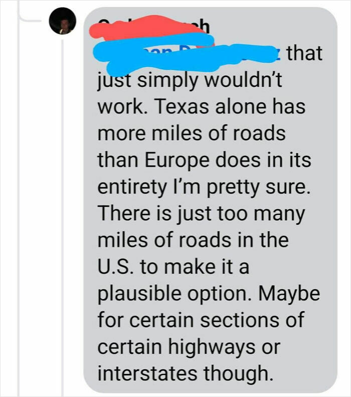 Screenshot of a social media comment showing confident but embarrassingly wrong facts about miles of roads in Texas and the U.S.