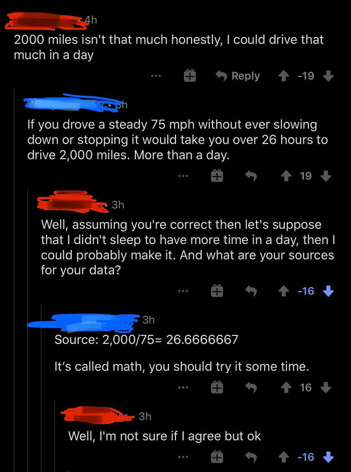Screenshot of a social media debate showing people confidently but embarrassingly wrong about driving 2000 miles in a day.