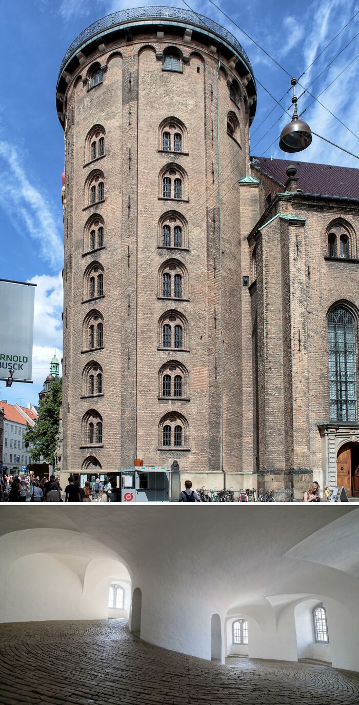 Round brick tower exterior and bright interior hallway of a Danish prison cell with curved walls and barred windows.