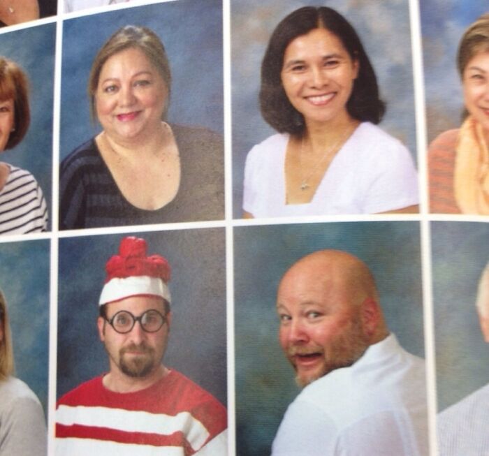 School yearbook photo with funny teachers, one dressed as Waldo wearing glasses, showcasing humor in education.
