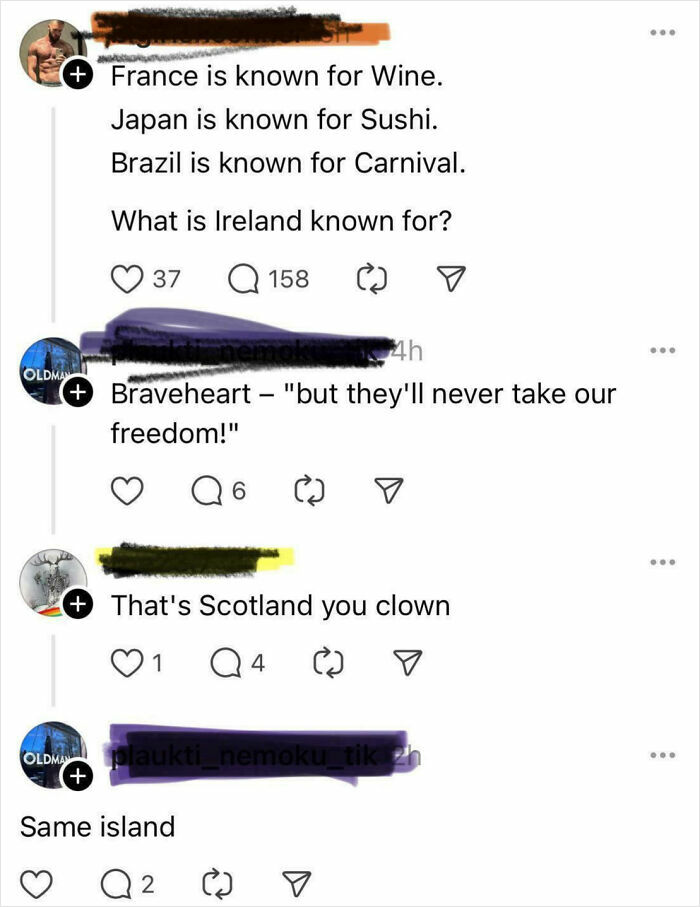 Social media conversation showing people confidently making wrong statements about countries, highlighting embarrassing mistakes.