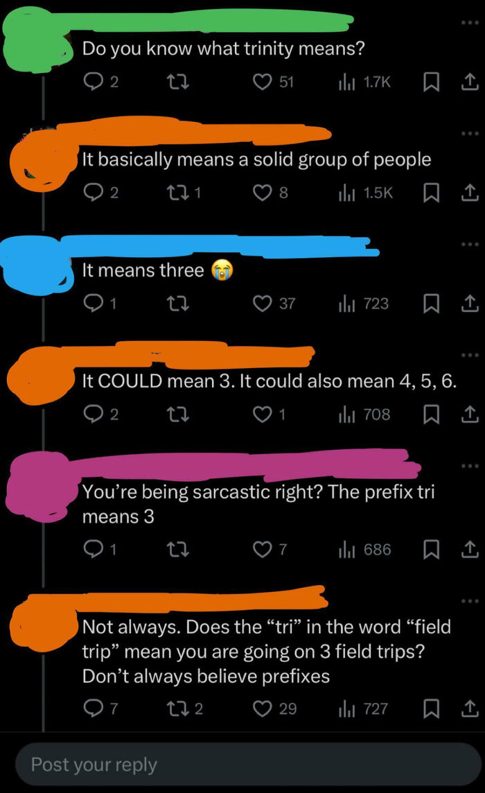 Screenshot of a Twitter thread where people confidently argue incorrect meanings of the word trinity.