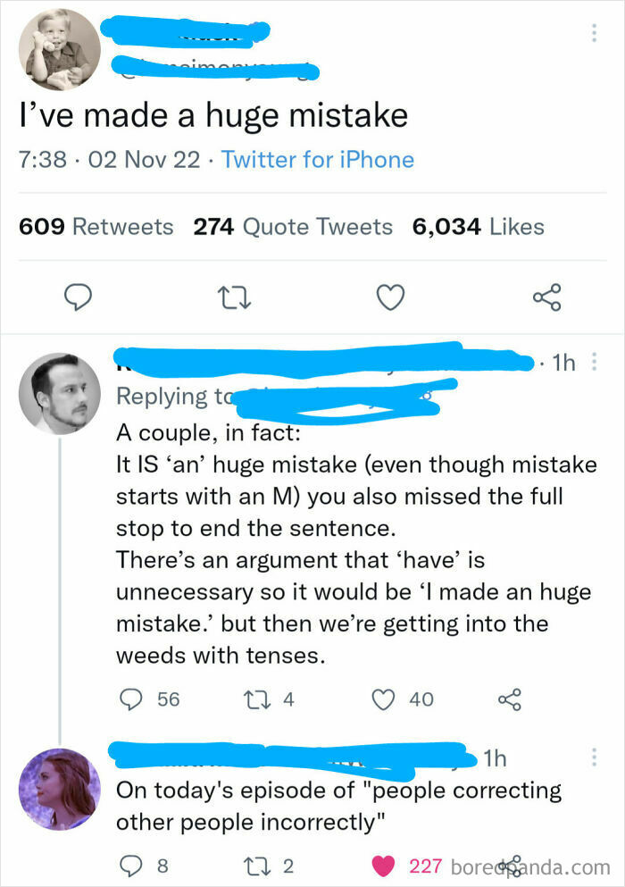 Screenshot of a Twitter thread showing people confidently correcting grammar but ultimately being embarrassingly wrong.