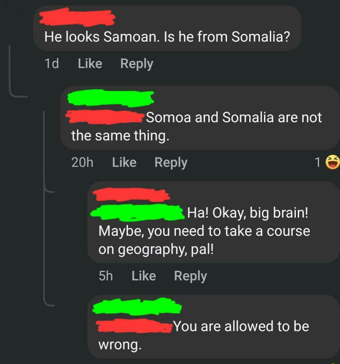 Social media comments showing people being way too confident while embarrassingly wrong about geography facts.