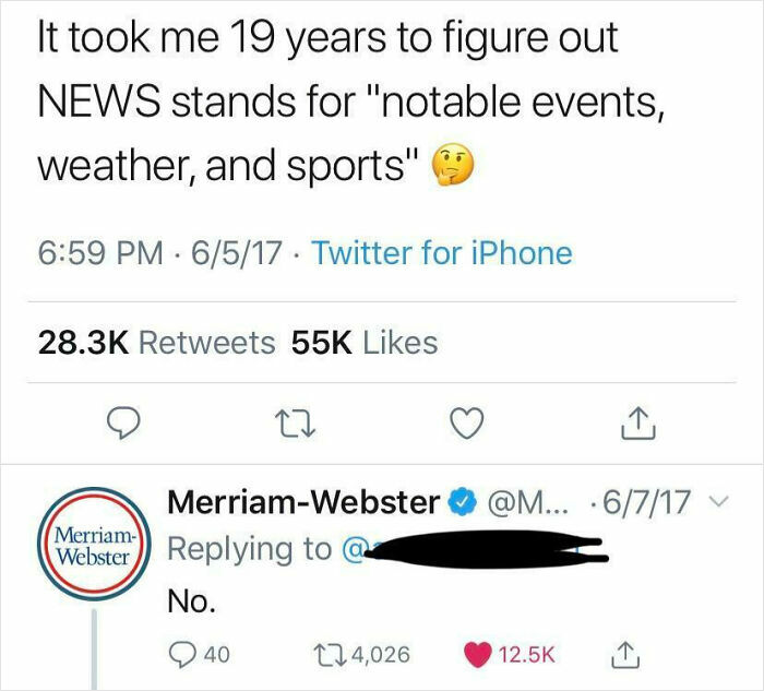 Tweet claiming NEWS stands for notable events weather and sports with a Merriam-Webster reply showing confidence but being wrong.