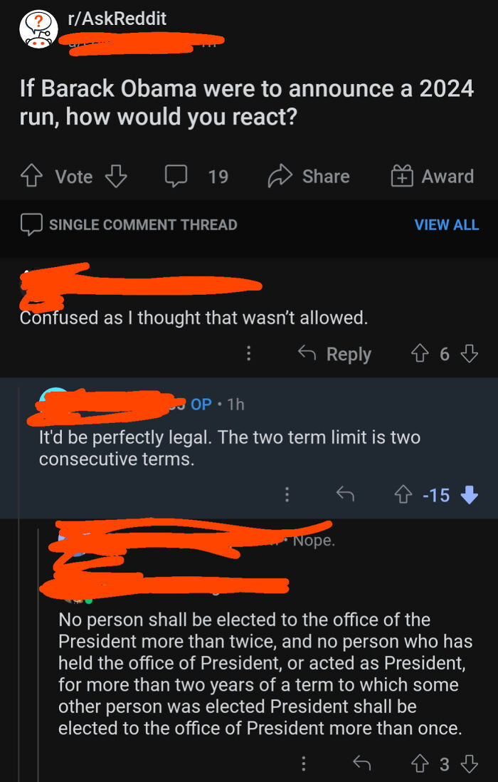 Reddit thread showing confident but incorrect political term limit comment, example of being embarrassingly wrong online.