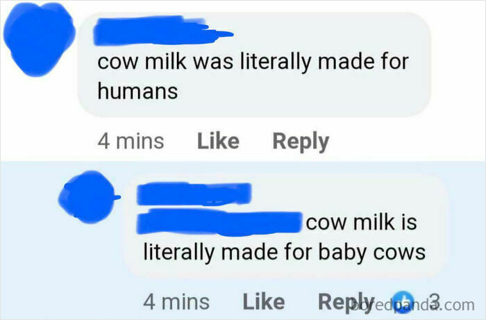 Screenshot of an online debate where someone confidently claims cow milk is made for humans but is corrected about biology.