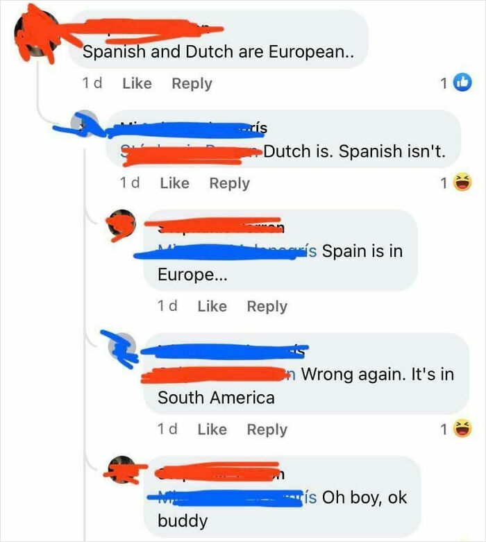 Screenshot of a confident but wrong online discussion about European and South American countries.