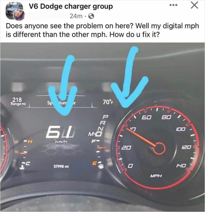 Car dashboard showing speed in km/h and mph with arrows highlighting confusion, illustrating embarrassing confident mistakes.