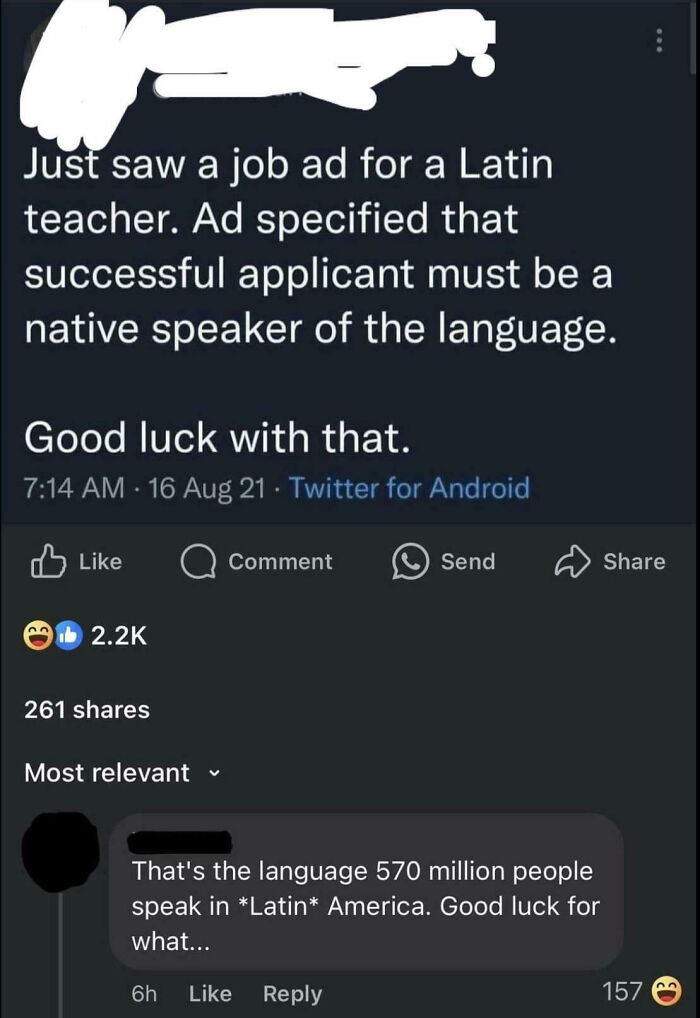 Screenshot of a social media post showing confident but embarrassingly wrong statements about a Latin teacher job ad.
