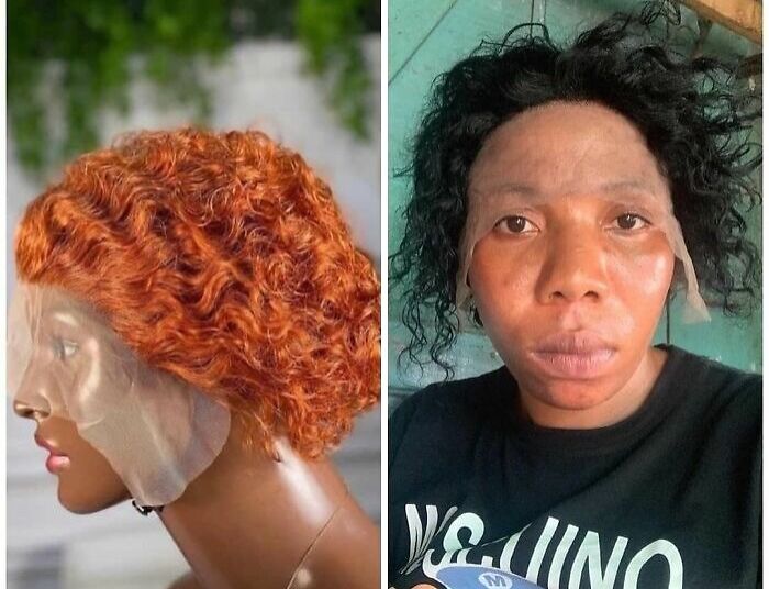Side-by-side comparison of ordered bright curly wig on mannequin versus different curly hairstyle on person, highlighting funny fail.