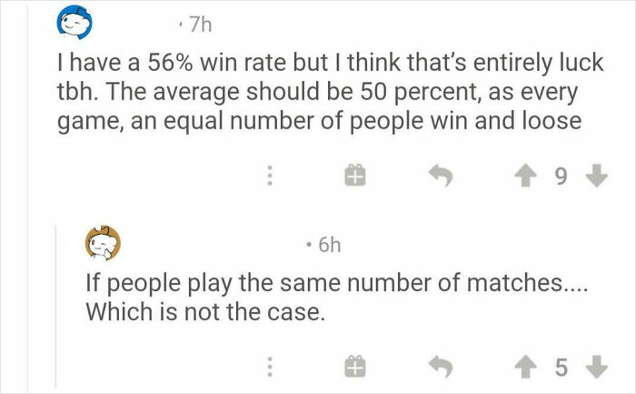 Screenshot of a social media conversation showing people confidently being embarrassingly wrong about win rates.