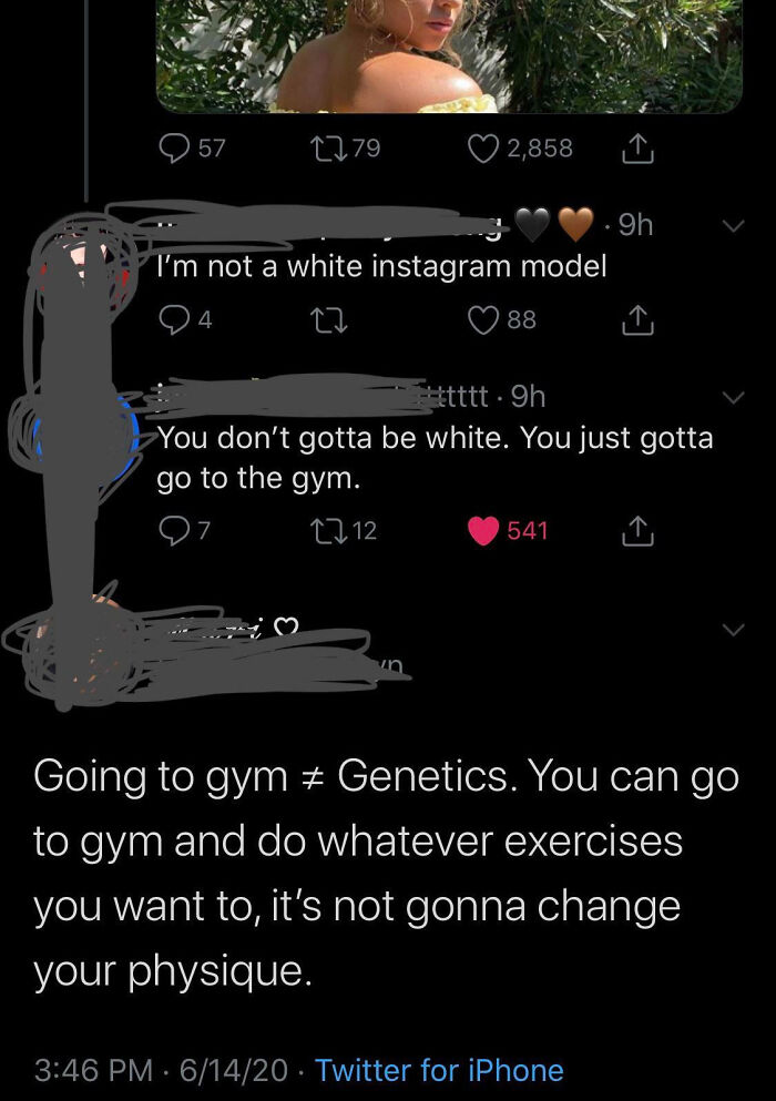 Tweet thread showing confident yet embarrassingly wrong opinions about genetics and gym affecting physique.