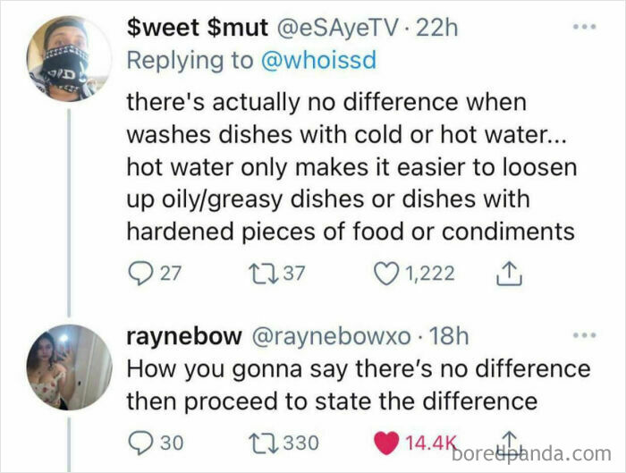 Twitter exchange showing people being way too confident but embarrassingly wrong about washing dishes with cold or hot water.