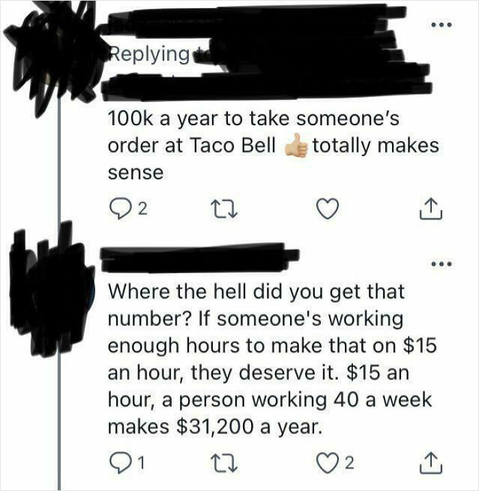 Screenshot of a social media argument showing embarrassing confidence in unrealistic salary claims at Taco Bell.