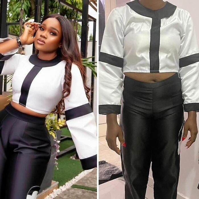 Side-by-side comparison of ordered versus received outfit showing a style fail with mismatched clothing details and fit.