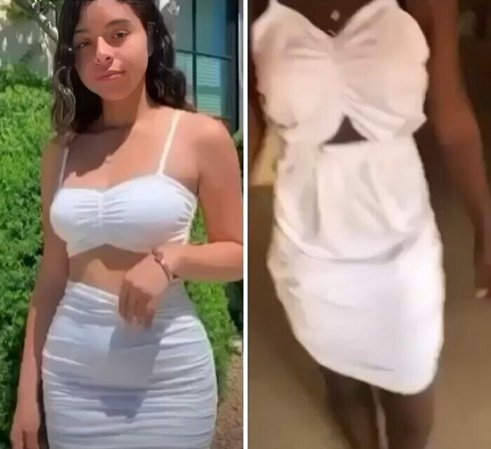 Side-by-side comparison of a woman wearing a white two-piece outfit and a fail version of the dress received online.