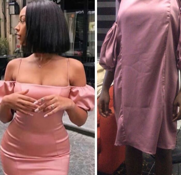 Woman wearing a fitted pink dress next to a loose pink dress showing a what I ordered vs what I got fashion fail.