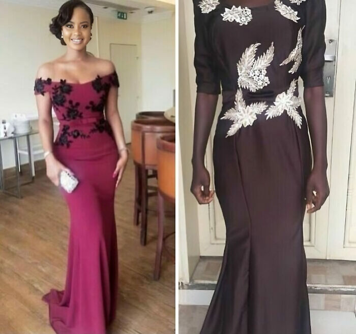 Side-by-side comparison of elegant dresses showing hilarious fails of what was ordered versus what was received.